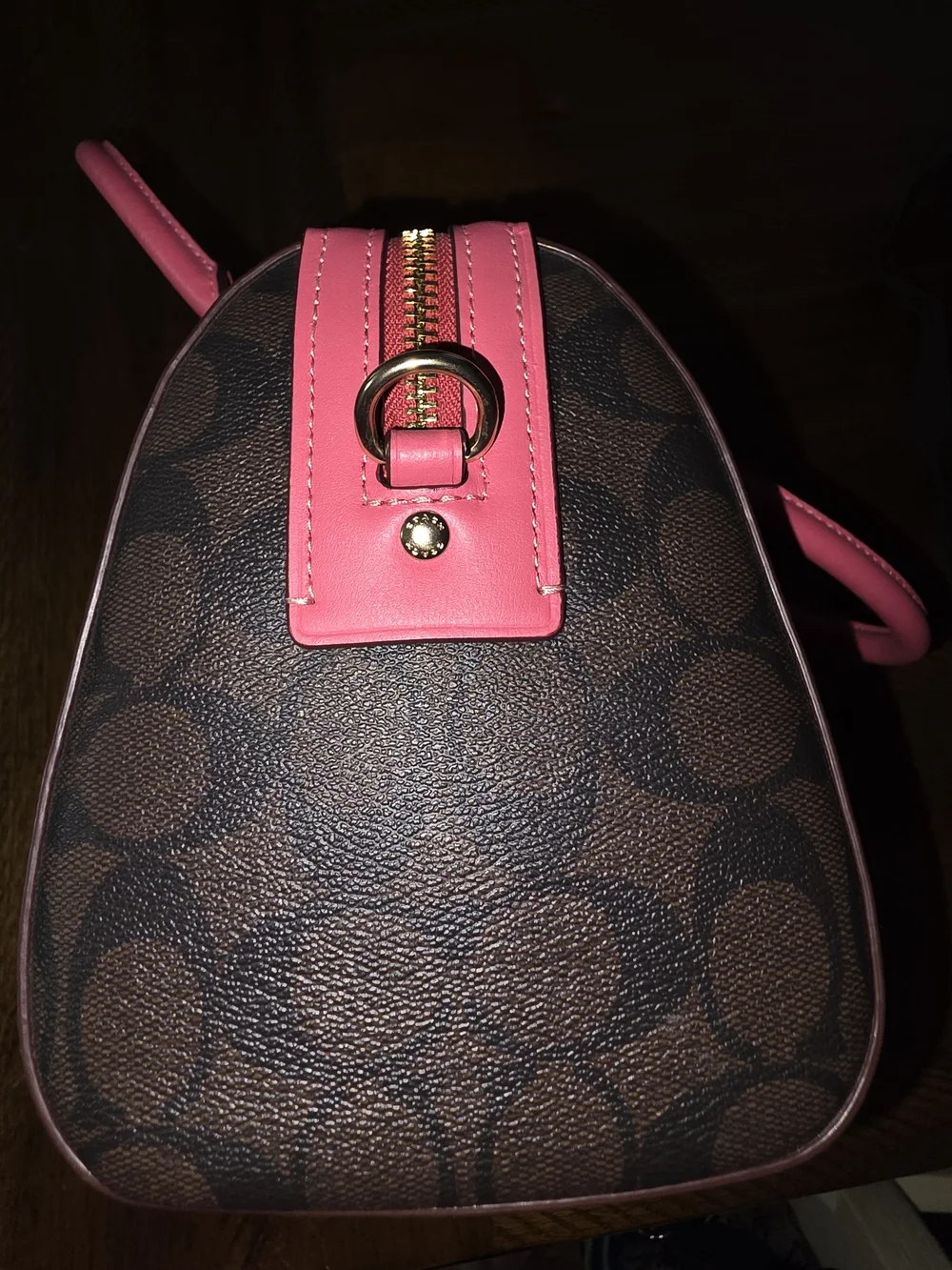 Coach Brown Rowan Signature Satchel with Pink Trim